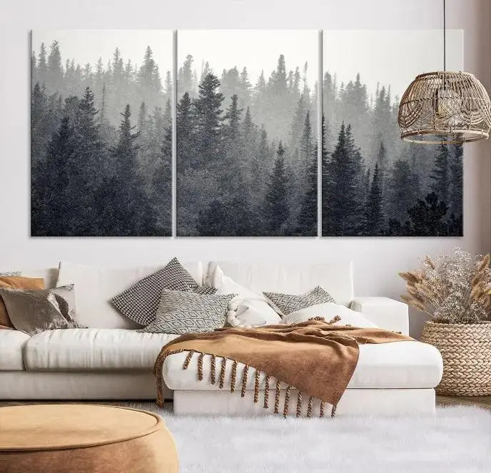 Misty Forest Canvas Wall Art – Monochrome Triptych Pine Tree Print – Nature-Inspired Home Decor – Ready to Hang for Living Room or Office