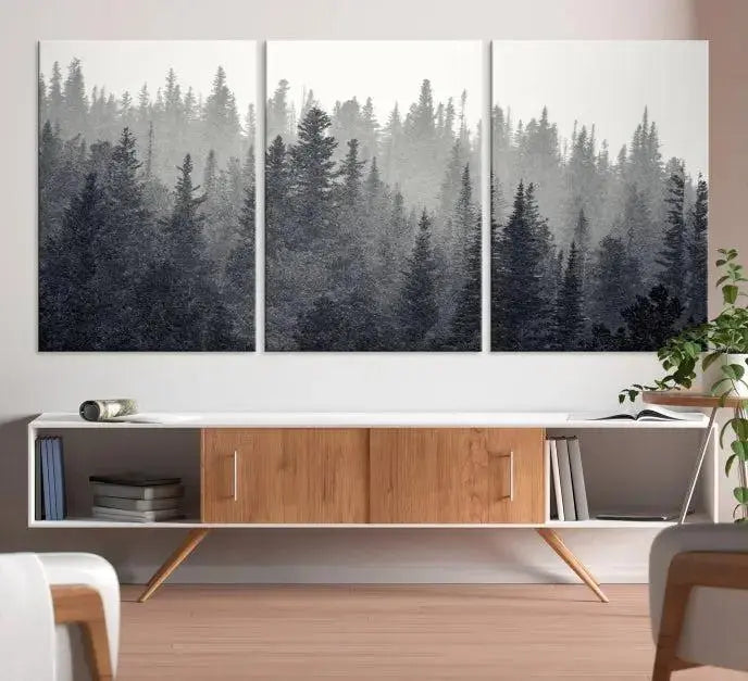 Misty Forest Canvas Wall Art – Monochrome Triptych Pine Tree Print – Nature-Inspired Home Decor – Ready to Hang for Living Room or Office