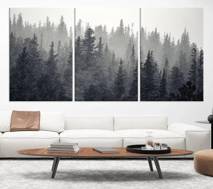 Misty Forest Canvas Wall Art – Monochrome Triptych Pine Tree Print – Nature-Inspired Home Decor – Ready to Hang for Living Room or Office