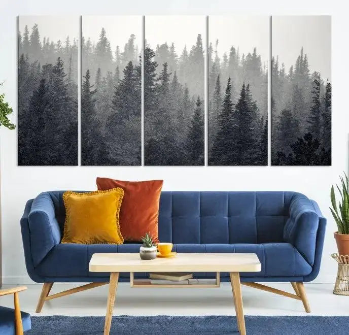Misty Forest Canvas Wall Art – Monochrome Triptych Pine Tree Print – Nature-Inspired Home Decor – Ready to Hang for Living Room or Office