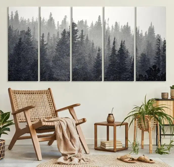 A stunning Misty Forest Canvas Wall Art features a monochrome triptych pine tree print.