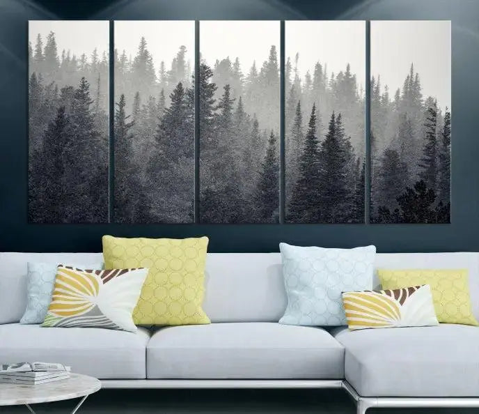 A stunning Misty Forest Canvas Wall Art features a monochrome triptych pine tree print.