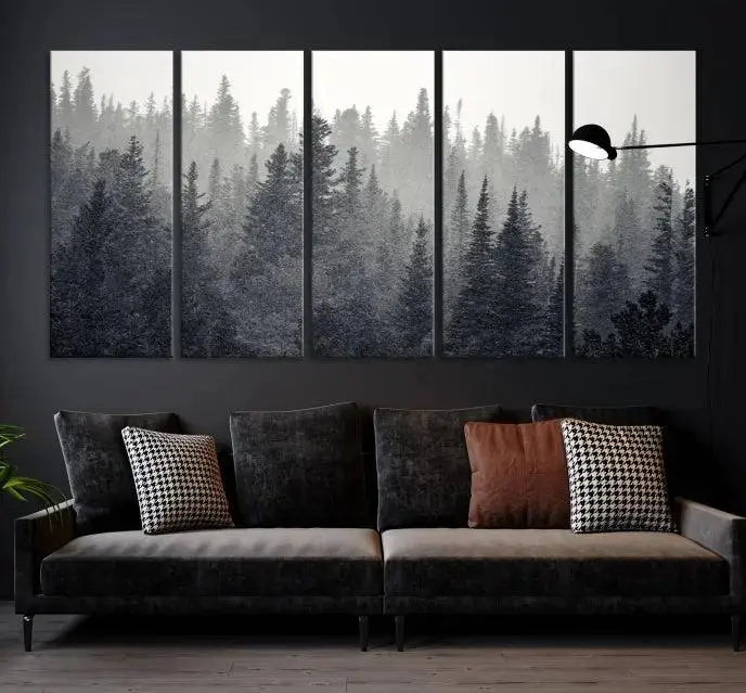 A stunning Misty Forest Canvas Wall Art features a monochrome triptych pine tree print.