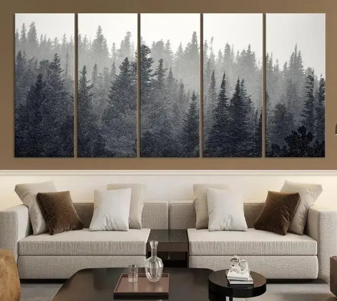 A stunning Misty Forest Canvas Wall Art features a monochrome triptych pine tree print.