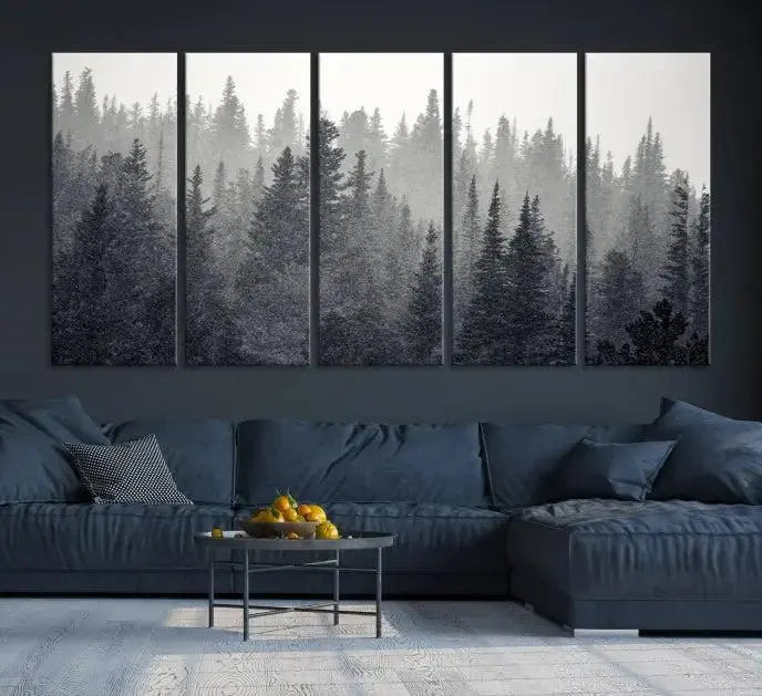 A stunning Misty Forest Canvas Wall Art features a monochrome triptych pine tree print.