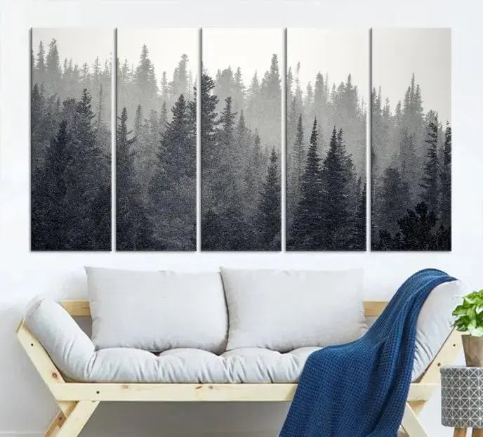 A stunning Misty Forest Canvas Wall Art features a monochrome triptych pine tree print.
