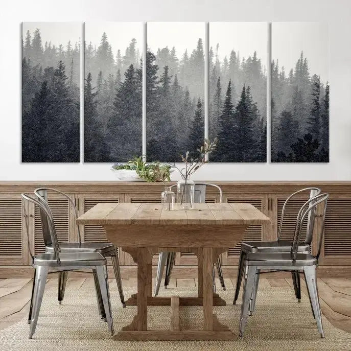 A stunning Misty Forest Canvas Wall Art features a monochrome triptych pine tree print.