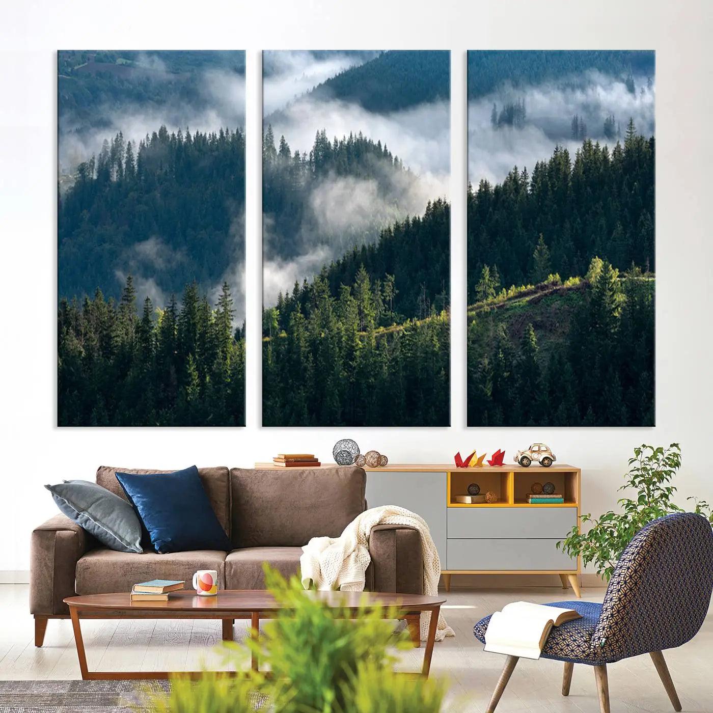 Misty Forest Hills Canvas Wall Art Print – Serene Evergreen Landscape Wall Decor for Home or Office – Ready to Hang Nature Print
