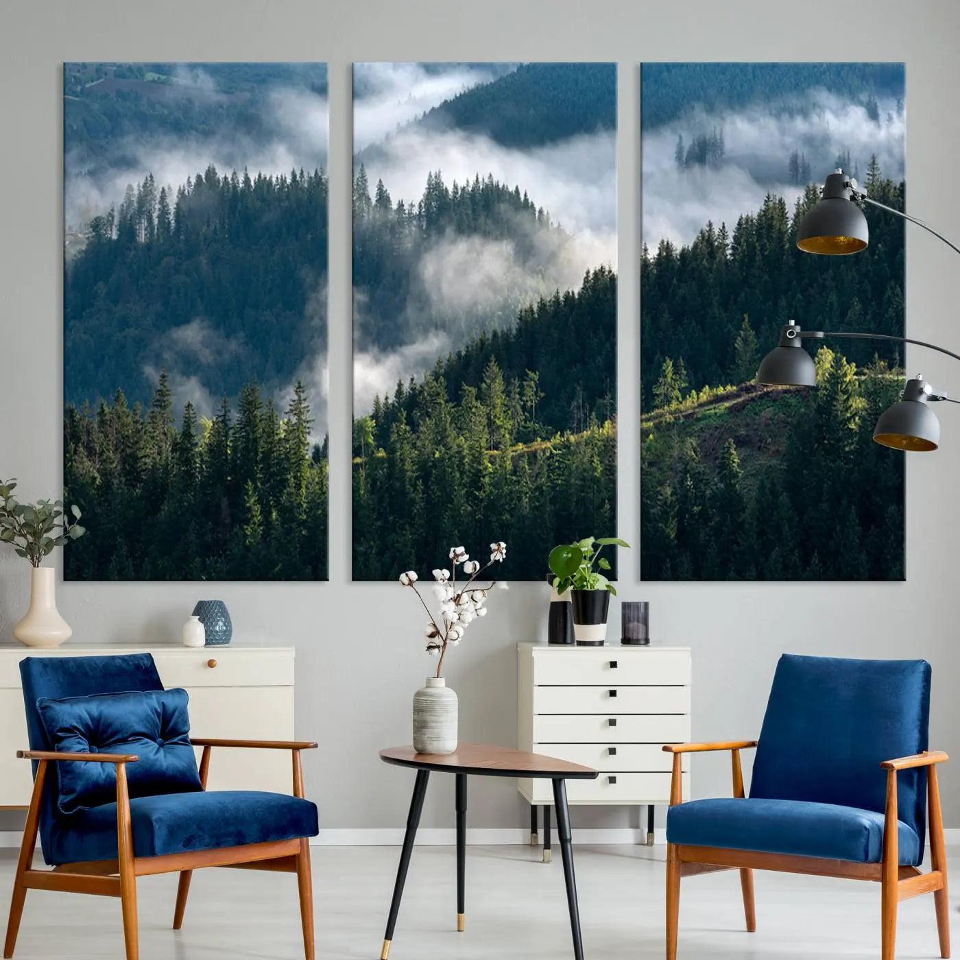 Misty Forest Hills Canvas Wall Art Print – Serene Evergreen Landscape Wall Decor for Home or Office – Ready to Hang Nature Print