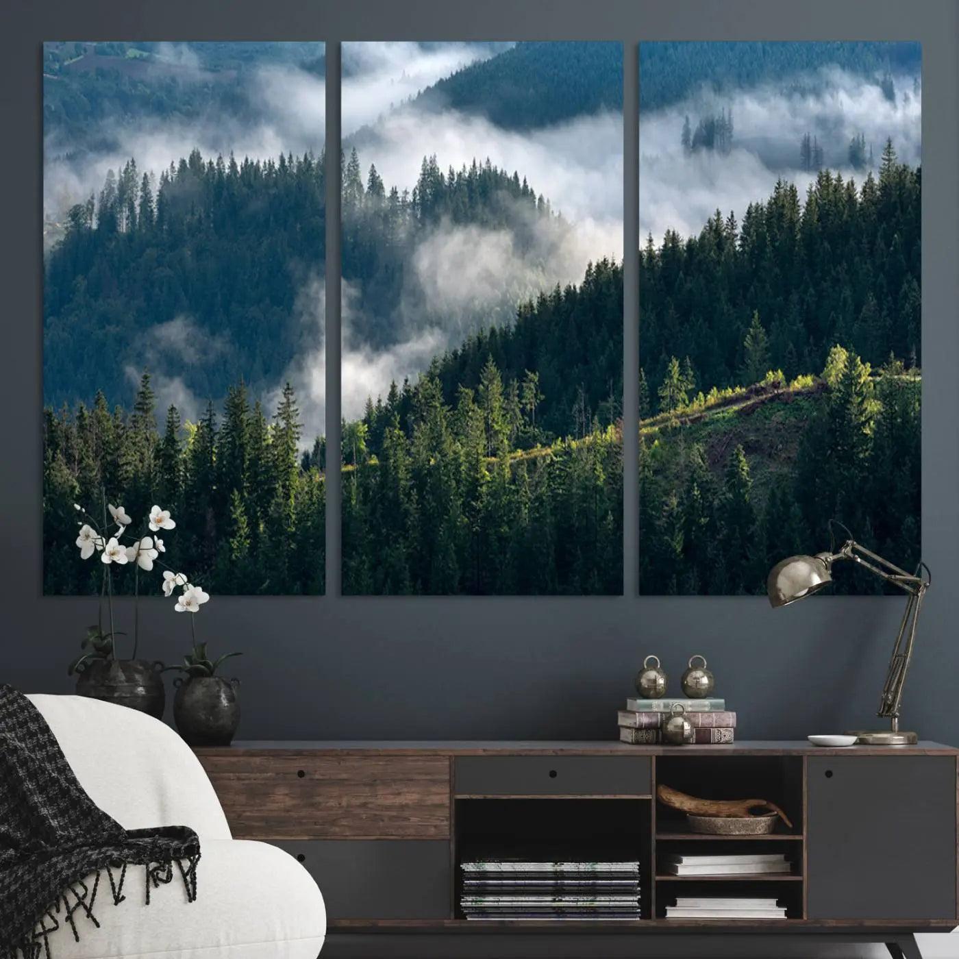 Misty Forest Hills Canvas Wall Art Print – Serene Evergreen Landscape Wall Decor for Home or Office – Ready to Hang Nature Print