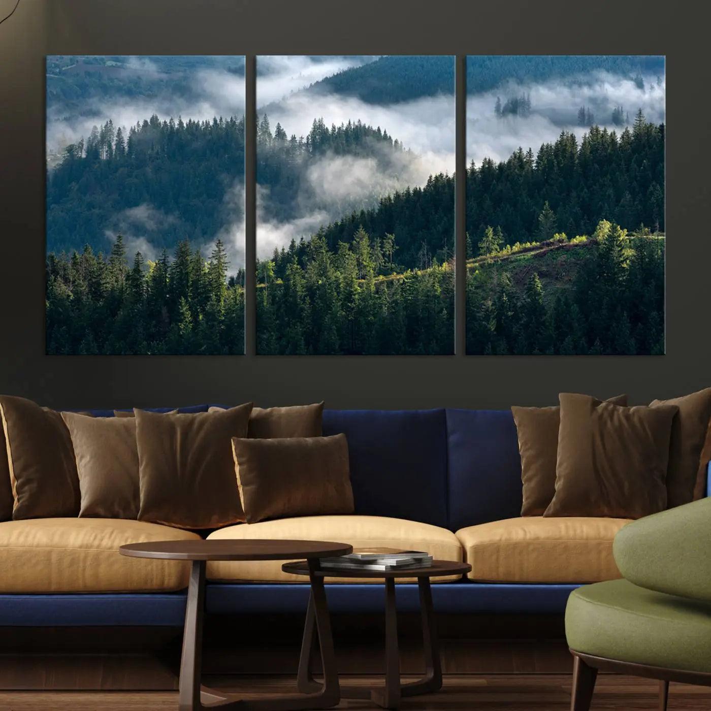 Misty Forest Hills Canvas Wall Art Print – Serene Evergreen Landscape Wall Decor for Home or Office – Ready to Hang Nature Print