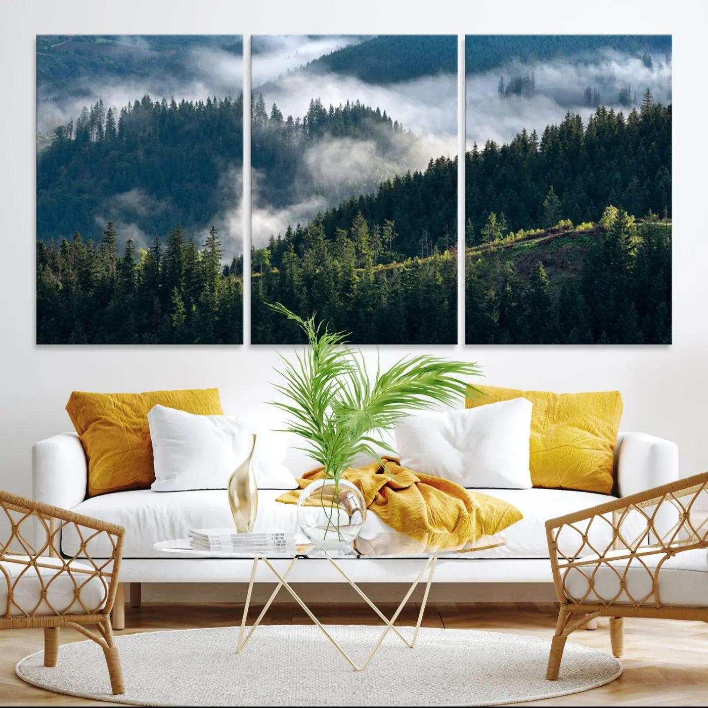 Misty Forest Hills Canvas Wall Art Print – Serene Evergreen Landscape Wall Decor for Home or Office – Ready to Hang Nature Print