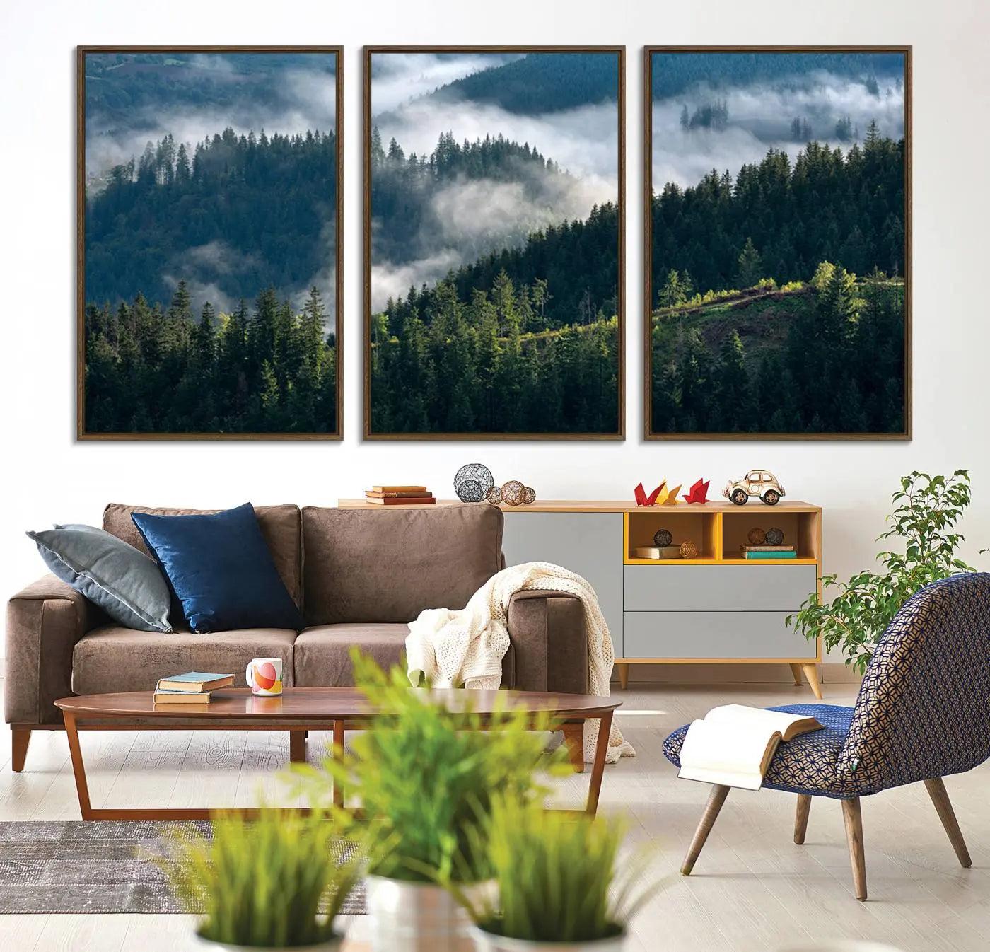 55972-MGV-CV-36X24-Misty Forest Hills Canvas Wall Art Print – Serene Evergreen Landscape Wall Decor for Home or Office
