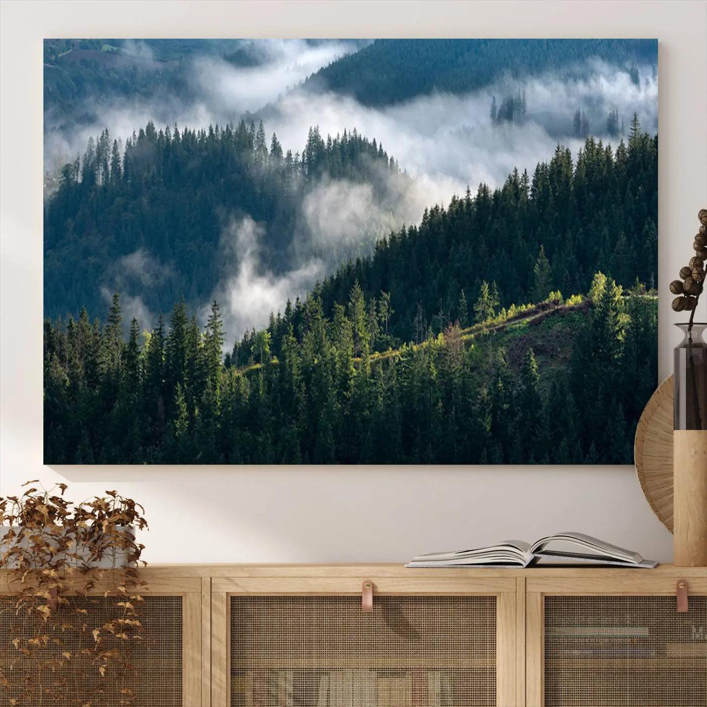 Misty Forest Hills Canvas Wall Art Print – Serene Evergreen Landscape Wall Decor for Home or Office – Ready to Hang Nature Print