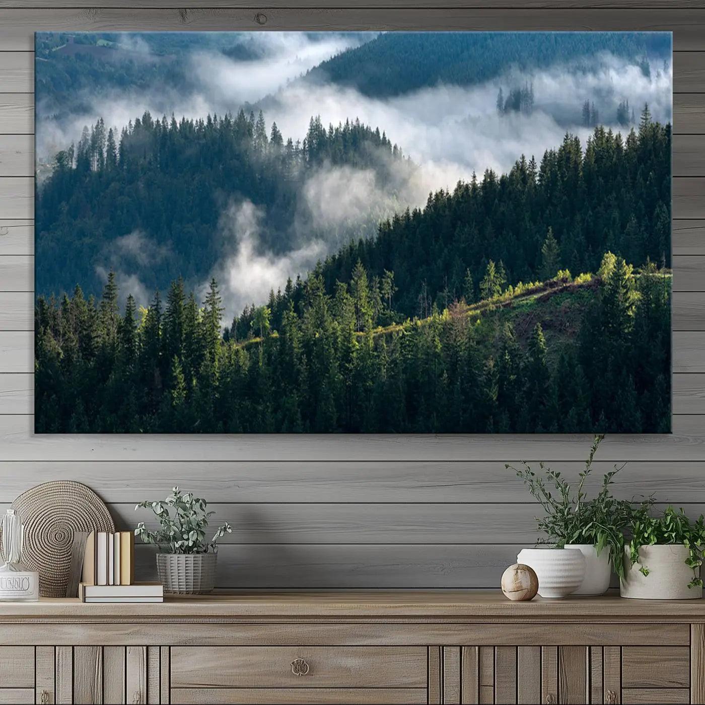 Misty Forest Hills Canvas Wall Art Print – Serene Evergreen Landscape Wall Decor for Home or Office – Ready to Hang Nature Print
