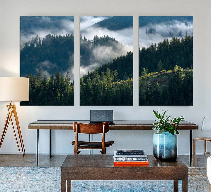 Misty Forest Hills Canvas Wall Art Print – Serene Evergreen Landscape Wall Decor for Home or Office – Ready to Hang Nature Print