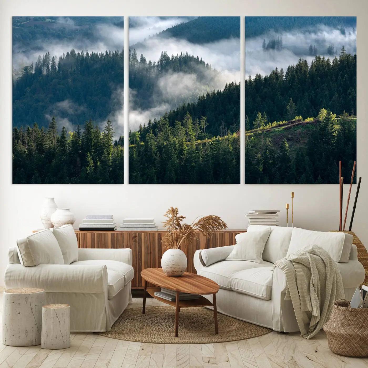 Misty Forest Hills Canvas Wall Art Print – Serene Evergreen Landscape Wall Decor for Home or Office – Ready to Hang Nature Print