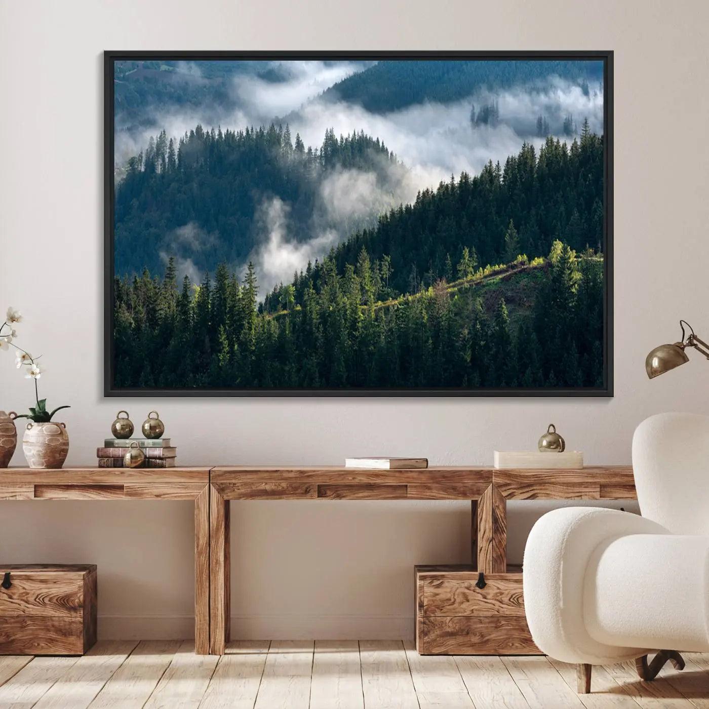 55972-MGV-FC-36X24_Black-Misty Forest Hills Canvas Wall Art Print – Serene Evergreen Landscape Wall Decor for Home or Office – Ready to Hang Nature Print