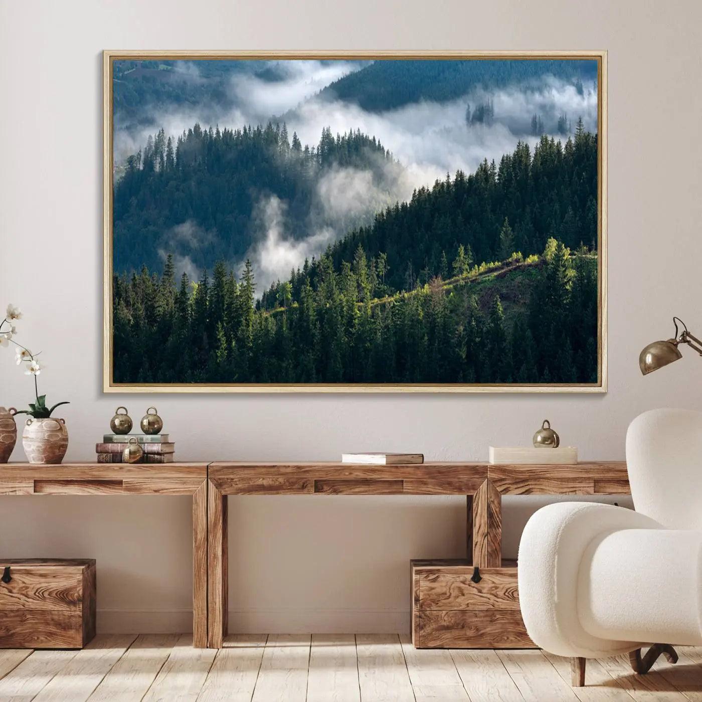 55972-MGV-FC-36X24_Natural-Misty Forest Hills Canvas Wall Art Print – Serene Evergreen Landscape Wall Decor for Home or Office – Ready to Hang Nature Print