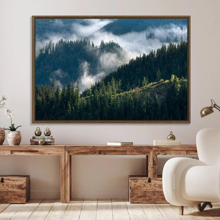 Misty Forest Hills Canvas Wall Art Print – Serene Evergreen Landscape Wall Decor for Home or Office – Ready to Hang Nature Print