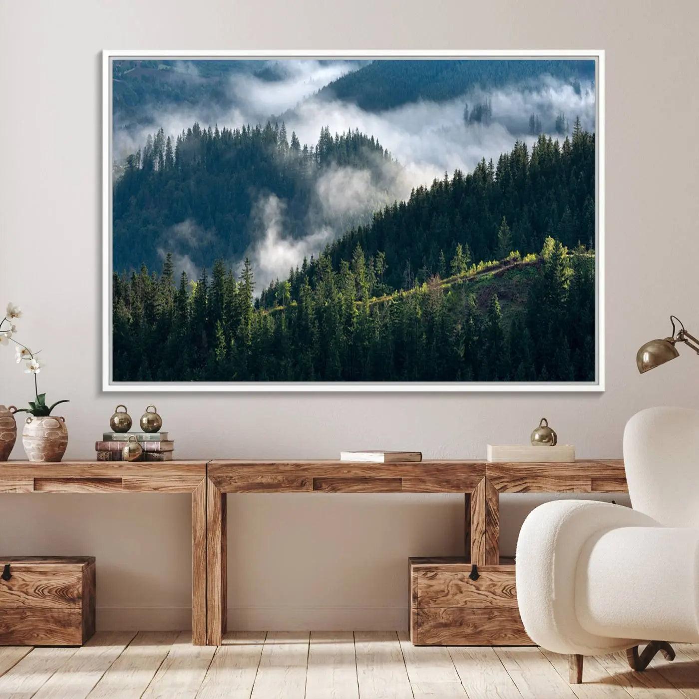 55972-MGV-FC-36X24_White-Misty Forest Hills Canvas Wall Art Print – Serene Evergreen Landscape Wall Decor for Home or Office – Ready to Hang Nature Print