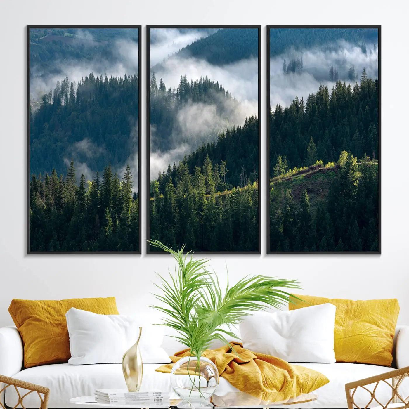 55972-MGV-FC-48X32-3P_Black-Misty Forest Hills Canvas Wall Art Print – Serene Evergreen Landscape Wall Decor for Home or Office – Ready to Hang Nature Print