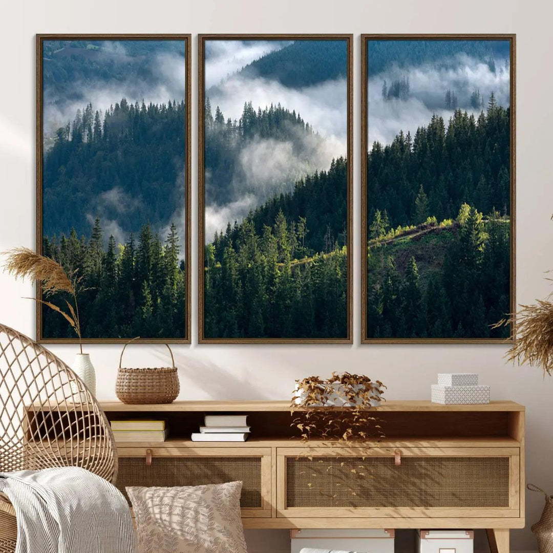 55972-MGV-FC-48X32-3P_Walnut-Misty Forest Hills Canvas Wall Art Print – Serene Evergreen Landscape Wall Decor for Home or Office – Ready to Hang Nature Print