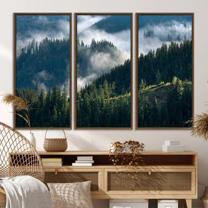 55972-MGV-FC-48X32-3P_Walnut-Misty Forest Hills Canvas Wall Art Print – Serene Evergreen Landscape Wall Decor for Home or Office – Ready to Hang Nature Print