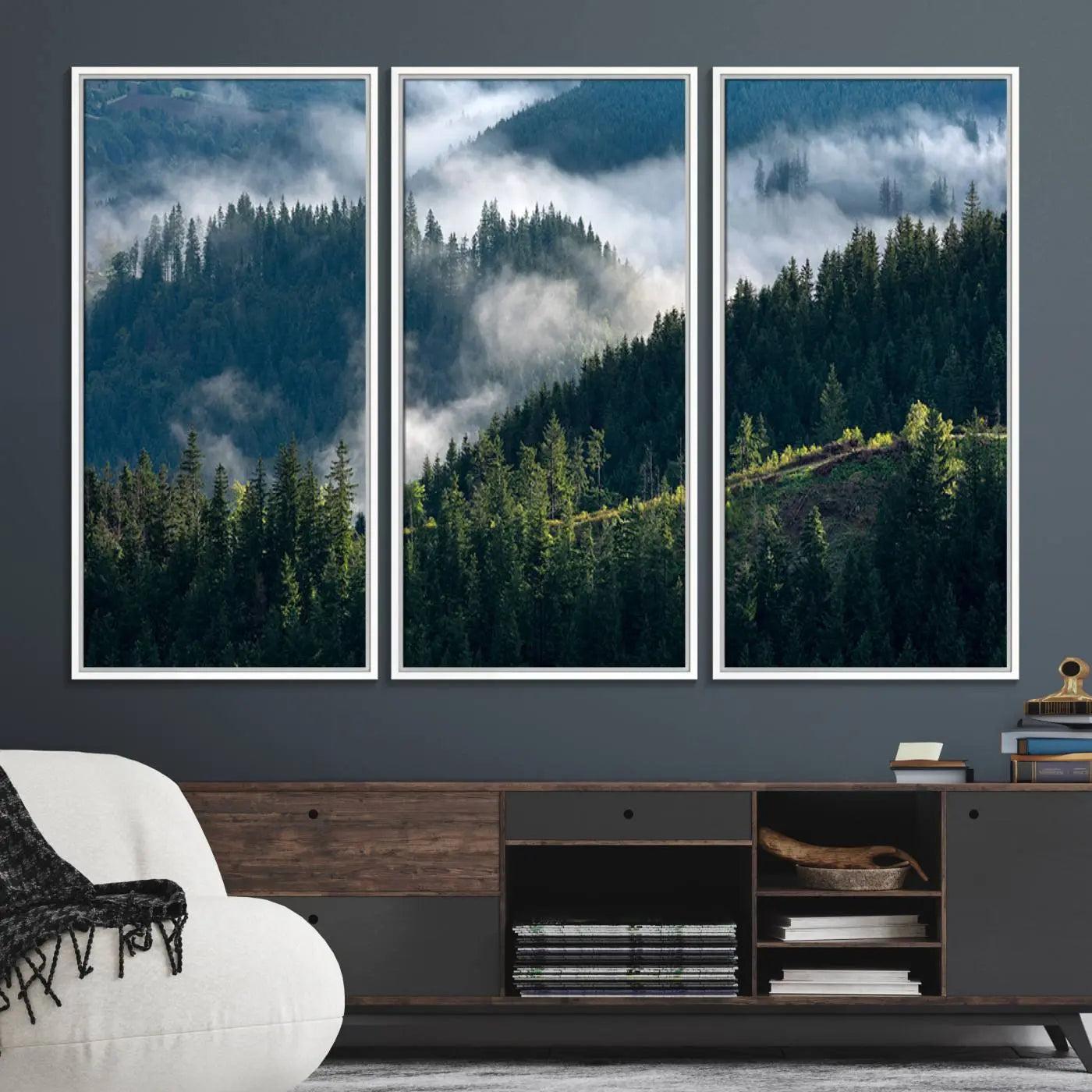 55972-MGV-FC-48X32-3P_White-Misty Forest Hills Canvas Wall Art Print – Serene Evergreen Landscape Wall Decor for Home or Office – Ready to Hang Nature Print