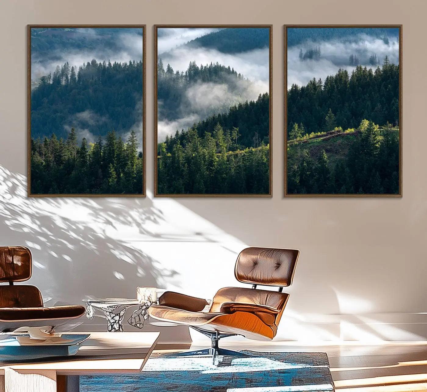 55972-MGV-FC-60X30-3P_Walnut-Misty Forest Hills Canvas Wall Art Print – Serene Evergreen Landscape Wall Decor for Home or Office
