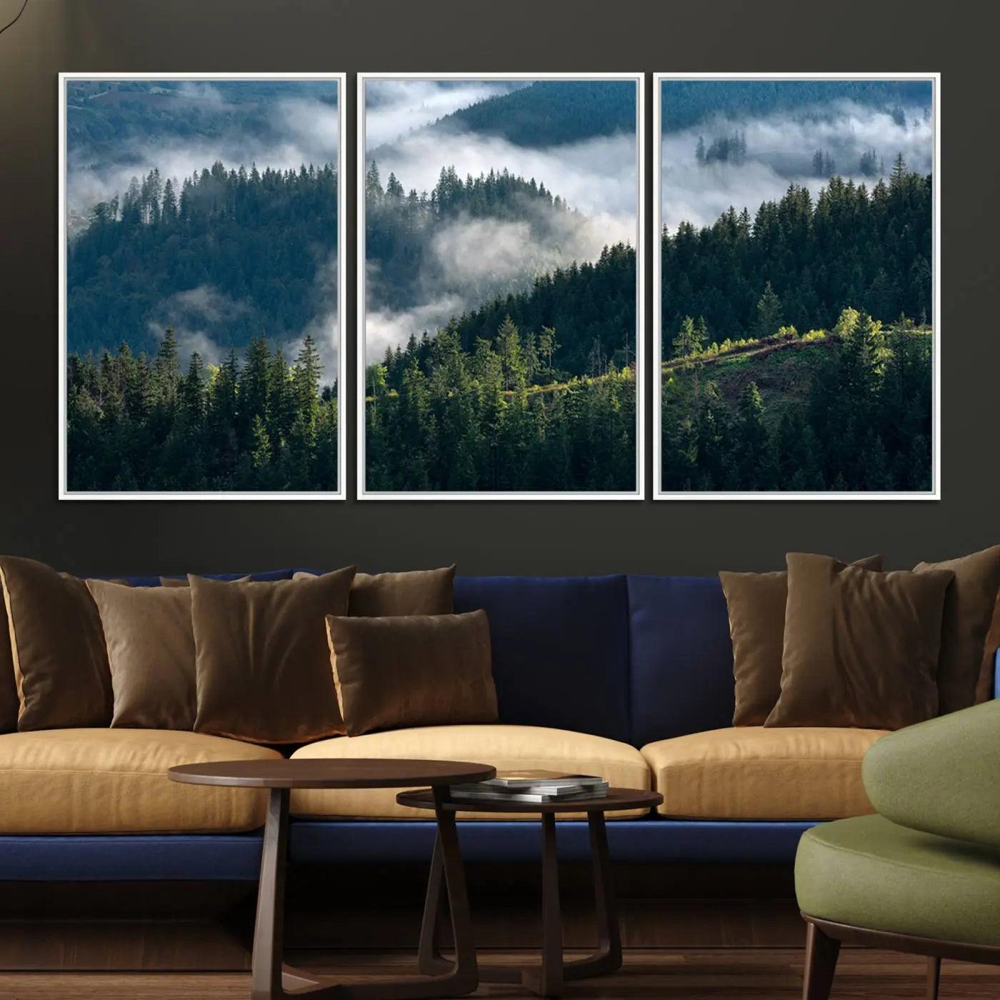 55972-MGV-FC-60X30-3P_White-Misty Forest Hills Canvas Wall Art Print – Serene Evergreen Landscape Wall Decor for Home or Office – Ready to Hang Nature Print
