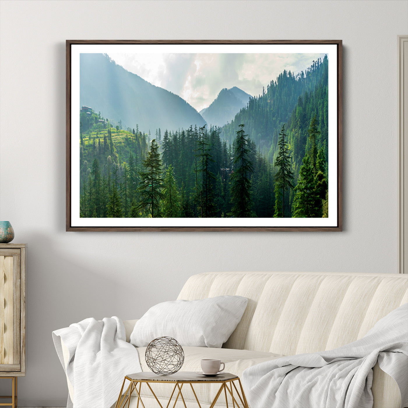 83417191-MGC-FP-36x24_Walnut-Misty Forest Mountain Canvas Print – Serene Nature Wall Art, Tranquil Valley