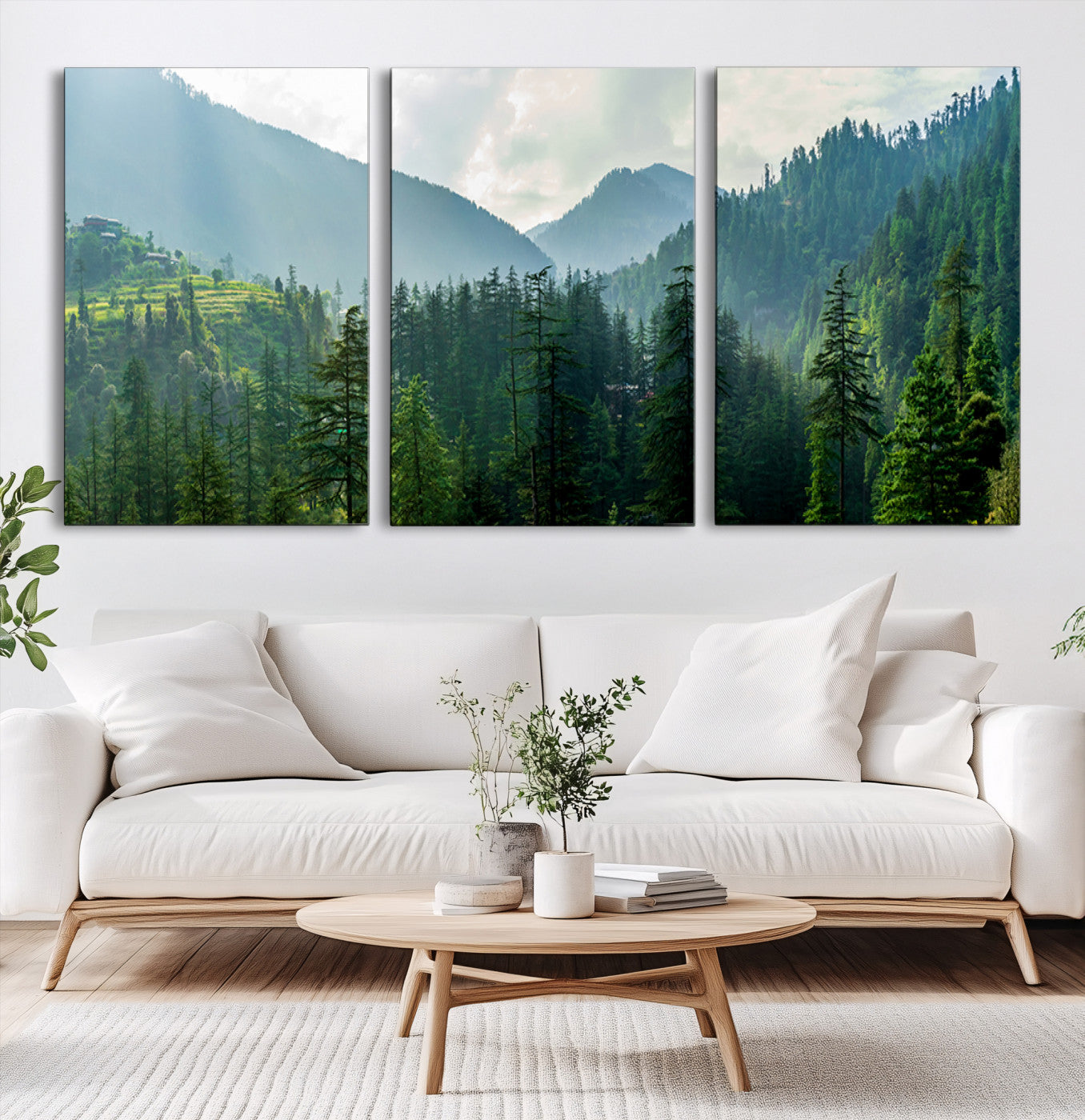 83417191-MGV-CV-60X30-3P-Misty Forest Mountain Canvas Print – Serene Nature Wall Art, Tranquil Valley