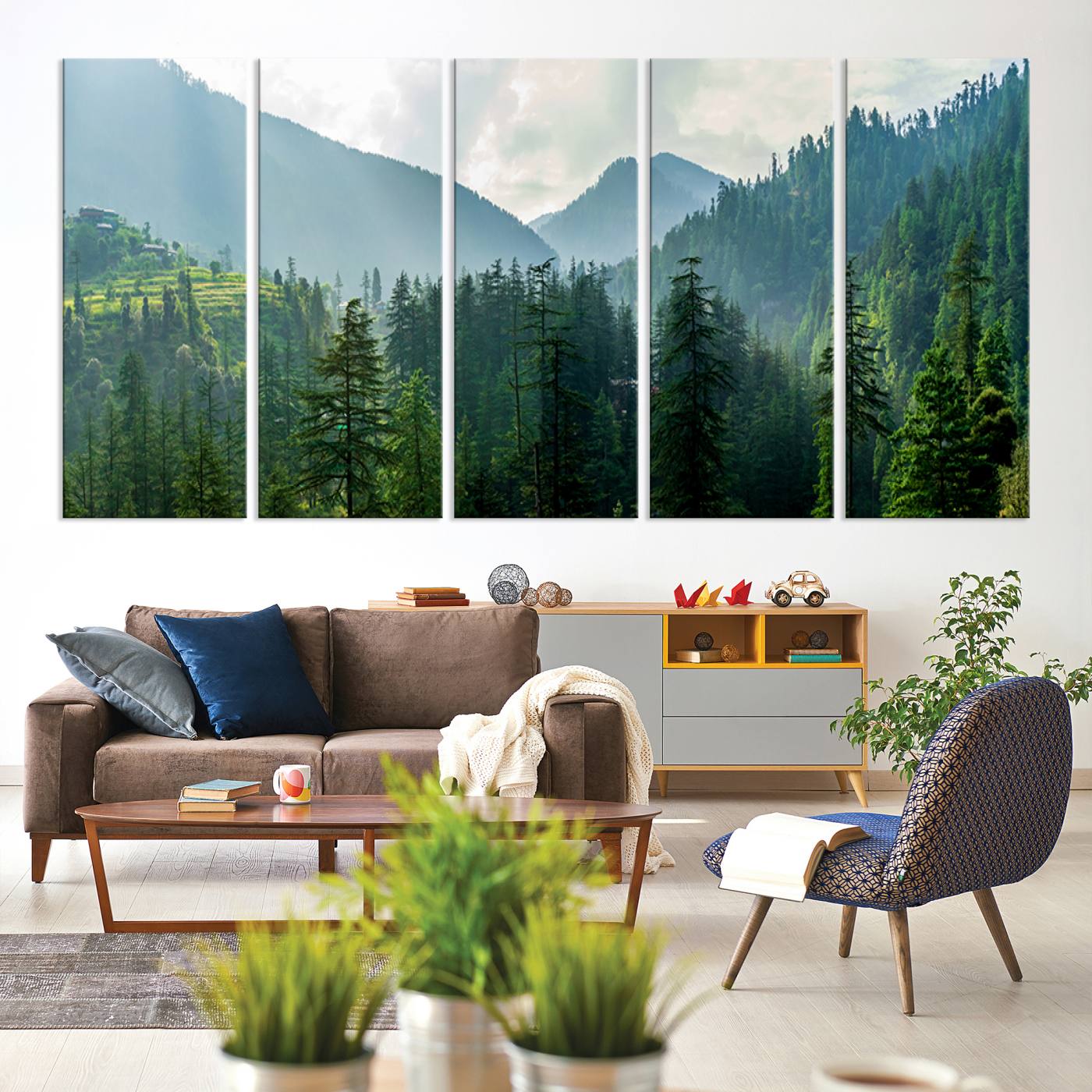 83417191-MGV-CV-60X31-5P-Misty Forest Mountain Canvas Print – Serene Nature Wall Art, Tranquil Valley