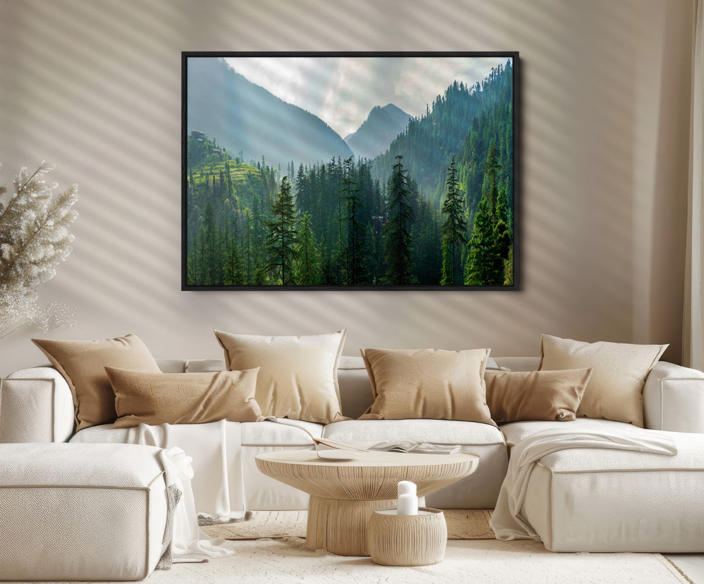 83417191-MGV-FC-36X24_Black-Misty Forest Mountain Canvas Print – Serene Nature Wall Art, Tranquil Valley