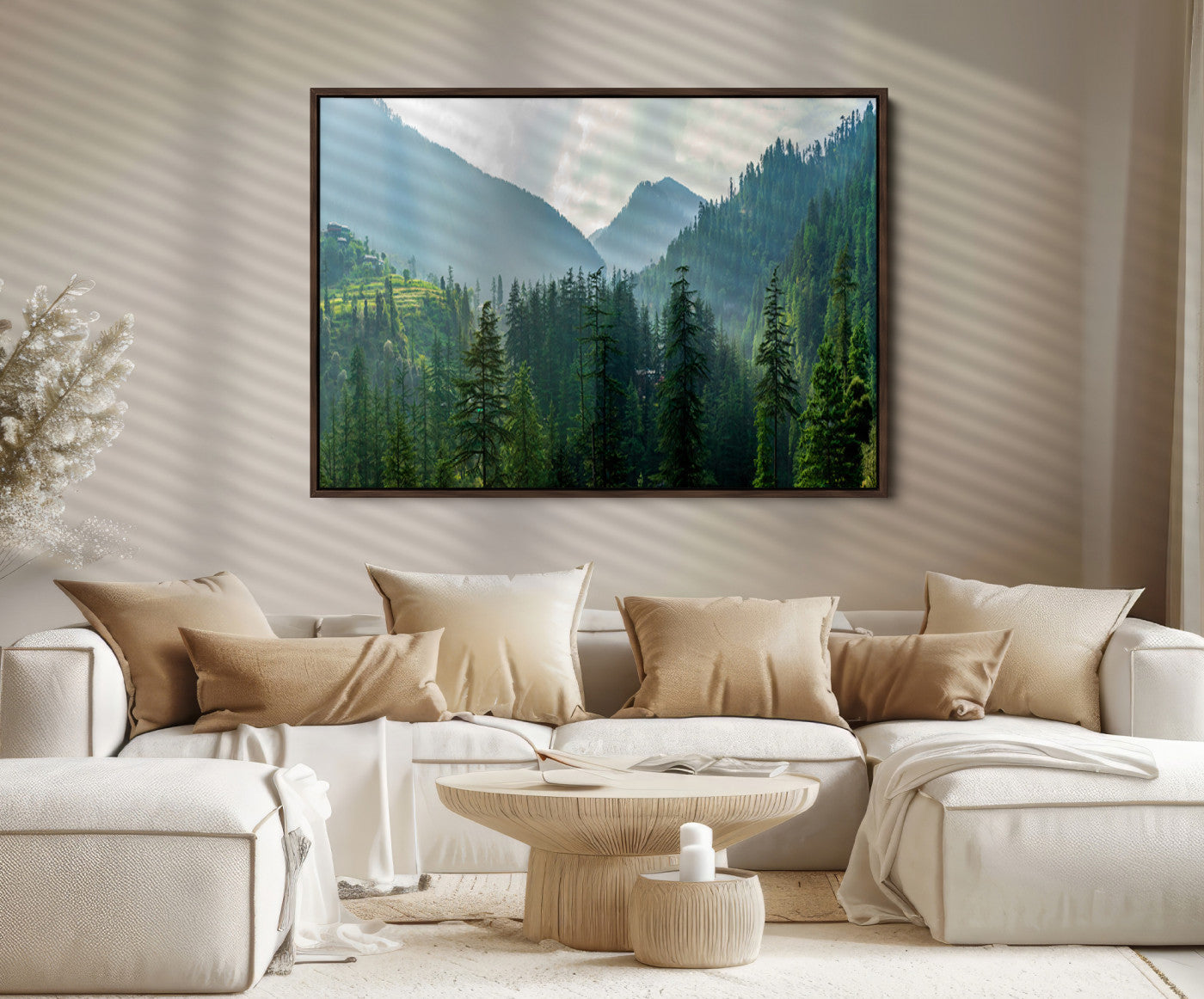 83417191-MGV-FC-36X24_Walnut-Misty Forest Mountain Canvas Print – Serene Nature Wall Art, Tranquil Valley