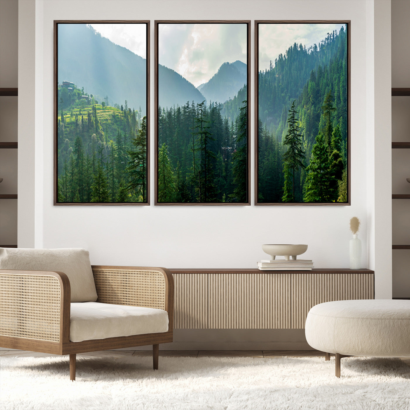 83417191-MGV-FC-48X32-3P_Walnut-Misty Forest Mountain Canvas Print – Serene Nature Wall Art, Tranquil Valley