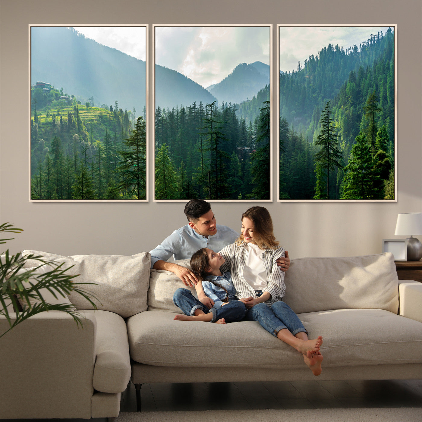 83417191-MGV-FC-60X30-3P_Natural-Misty Forest Mountain Canvas Print – Serene Nature Wall Art, Tranquil Valley