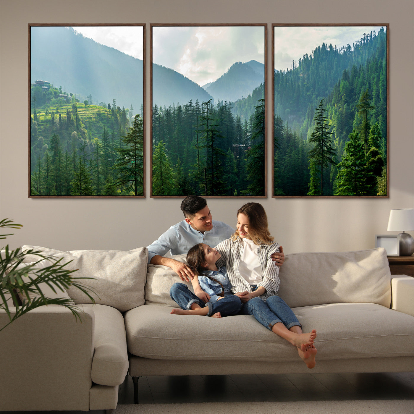 83417191-MGV-FC-60X30-3P_Walnut-Misty Forest Mountain Canvas Print – Serene Nature Wall Art, Tranquil Valley
