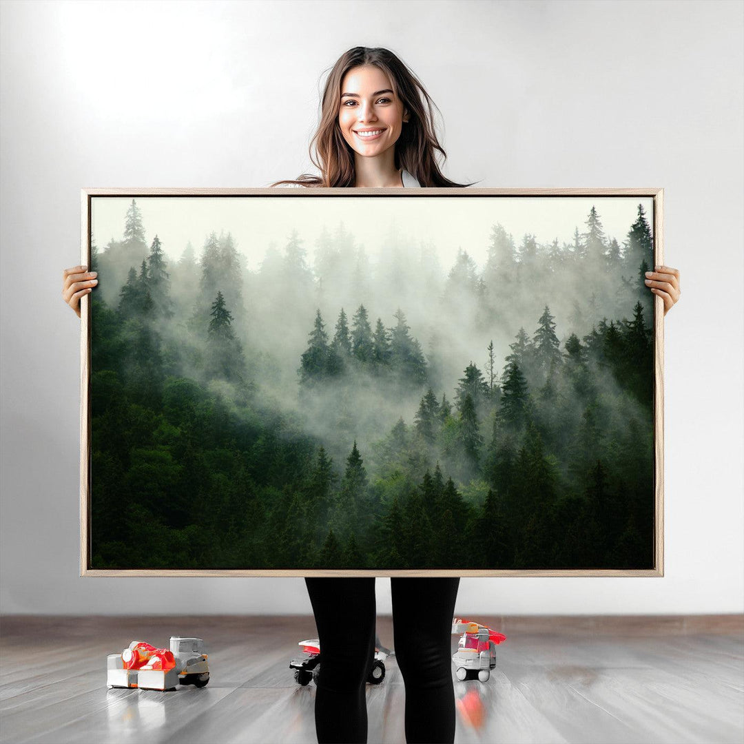 Misty Forest Mountain Wall Art Canvas | Large 3-Panel Foggy Landscape Canvas Print | Nature Misty Forest Canvas Art Wall Art for Home