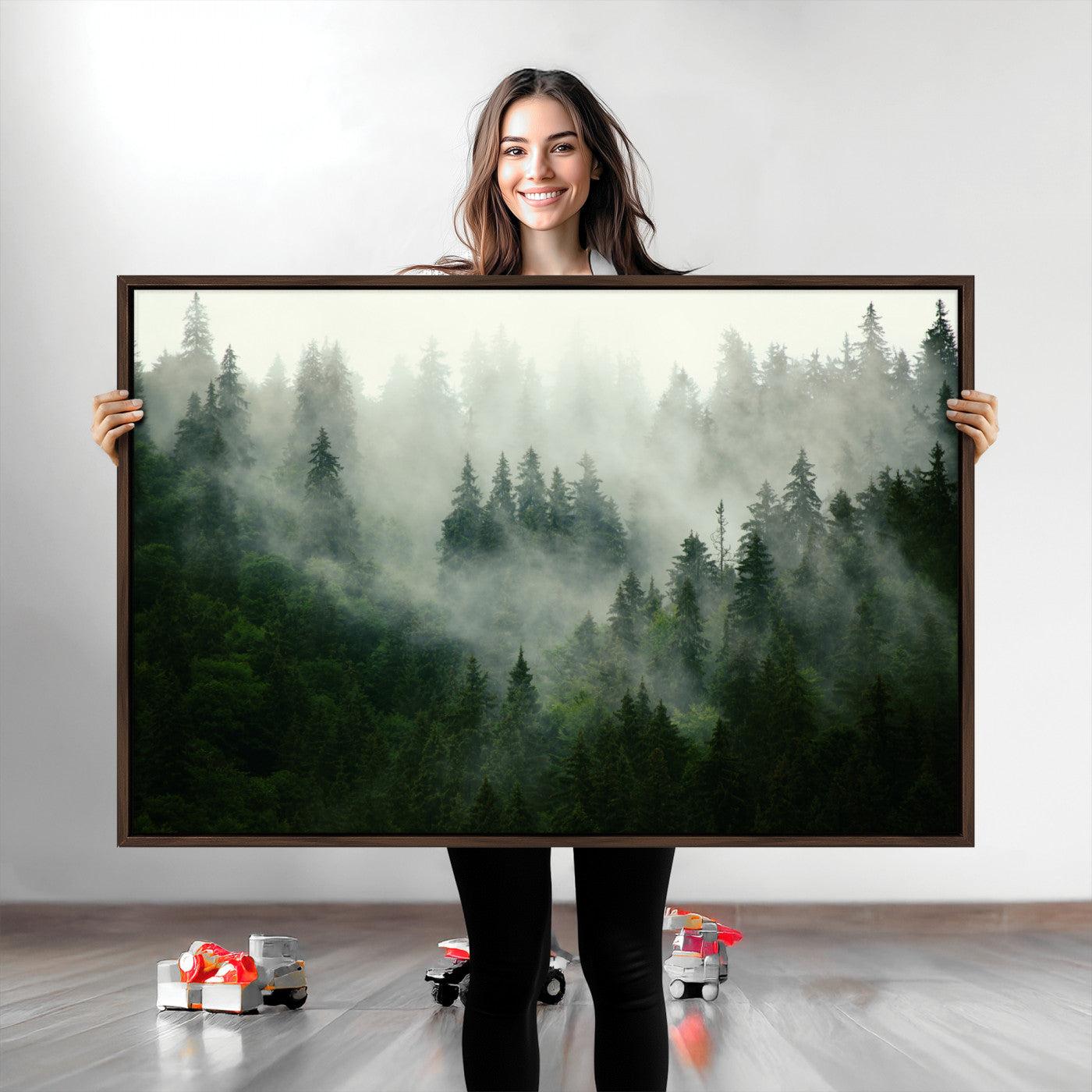 Misty Forest Mountain Wall Art Canvas | Large 3-Panel Foggy Landscape Canvas Print | Nature Misty Forest Canvas Art Wall Art for Home