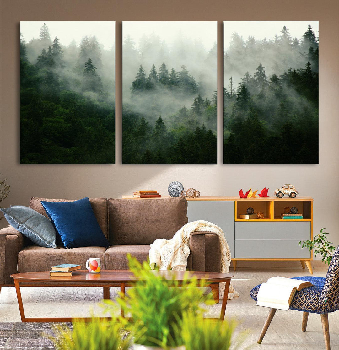 167720496-MGV-CV-36X24-Misty Forest Mountain Wall Art Canvas | Large 3-Panel Foggy Landscape Canvas Print | Nature Misty Forest Canvas Art Wall Art for Home