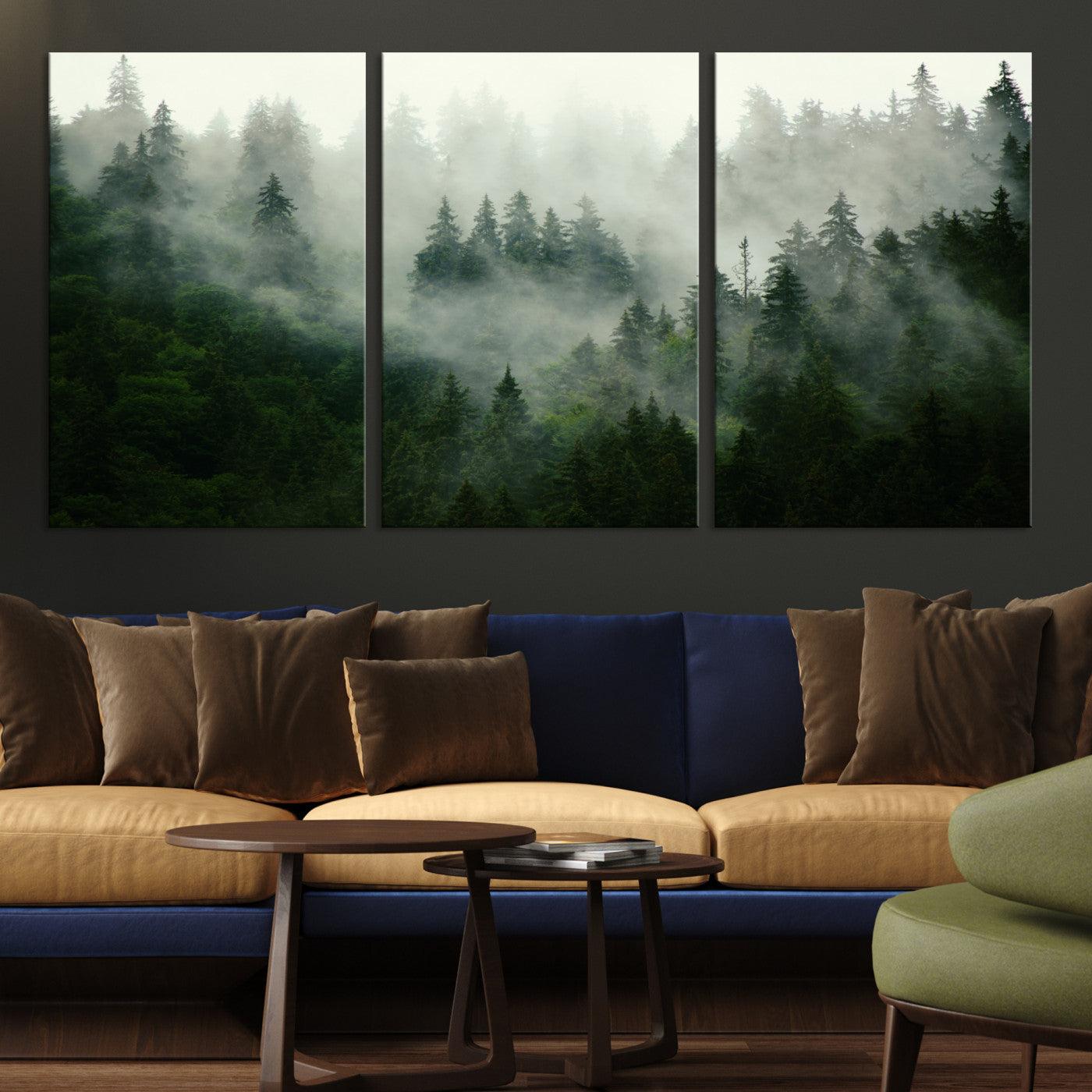 167720496-MGV-CV-36X24-Misty Forest Mountain Wall Art Canvas | Large 3-Panel Foggy Landscape Canvas Print | Nature Misty Forest Canvas Art Wall Art for Home