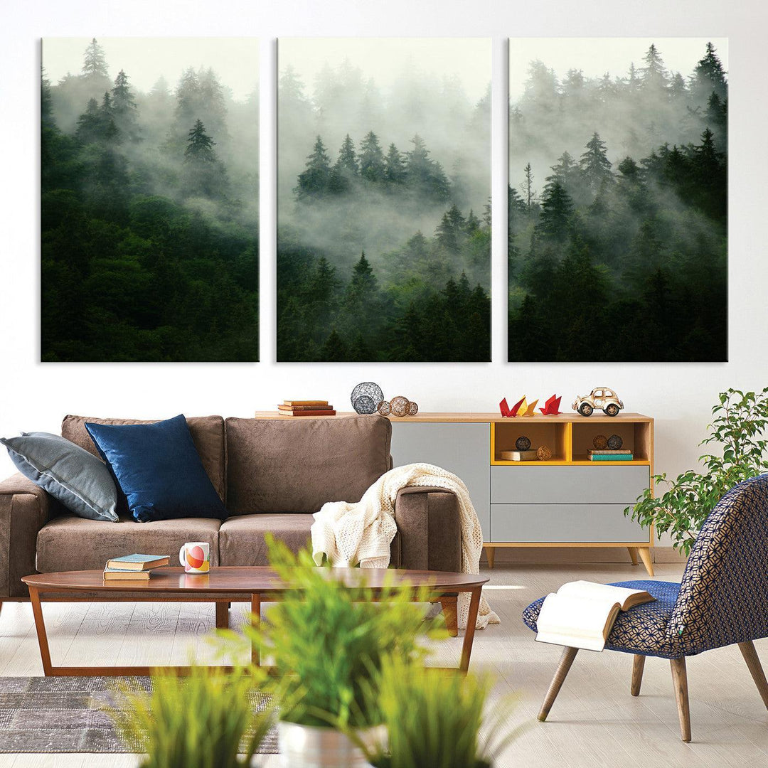 167720496-MGV-CV-36X24-Misty Forest Mountain Wall Art Canvas | Large 3-Panel Foggy Landscape Canvas Print | Nature Misty Forest Canvas Art Wall Art for Home