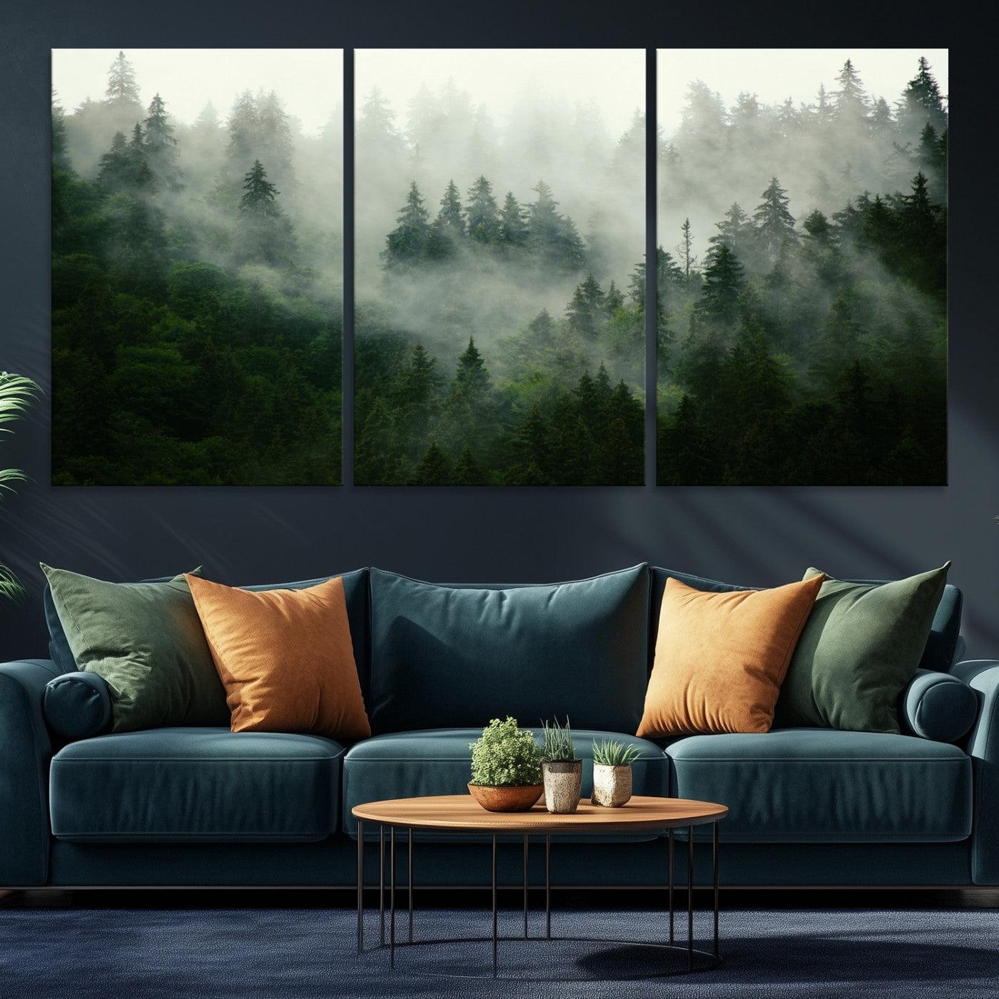167720496-MGV-CV-36X24-Misty Forest Mountain Wall Art Canvas | Large 3-Panel Foggy Landscape Canvas Print | Nature Misty Forest Canvas Art Wall Art for Home