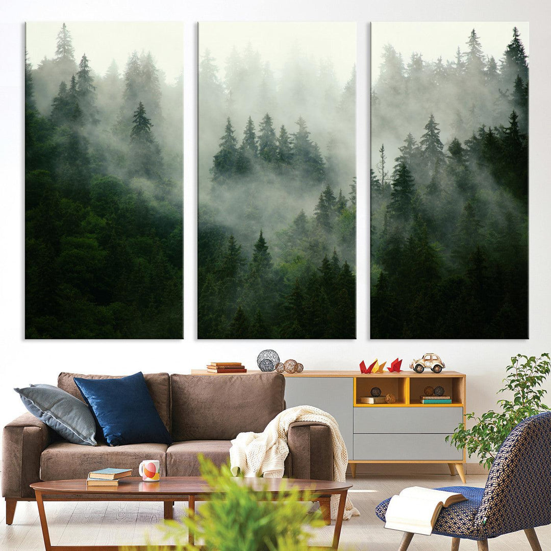 167720496-MGV-CV-36X24-Misty Forest Mountain Wall Art Canvas | Large 3-Panel Foggy Landscape Canvas Print | Nature Misty Forest Canvas Art Wall Art for Home