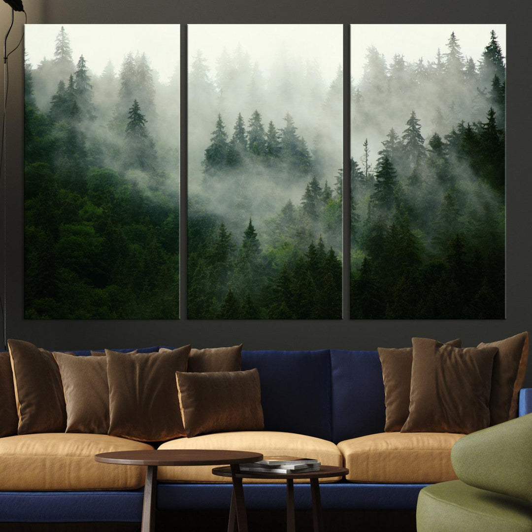 167720496-MGV-CV-36X24-Misty Forest Mountain Wall Art Canvas | Large 3-Panel Foggy Landscape Canvas Print | Nature Misty Forest Canvas Art Wall Art for Home