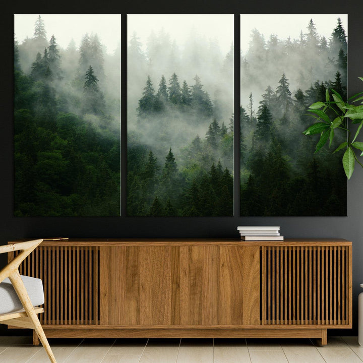 167720496-MGV-CV-36X24-Misty Forest Mountain Wall Art Canvas | Large 3-Panel Foggy Landscape Canvas Print | Nature Misty Forest Canvas Art Wall Art for Home