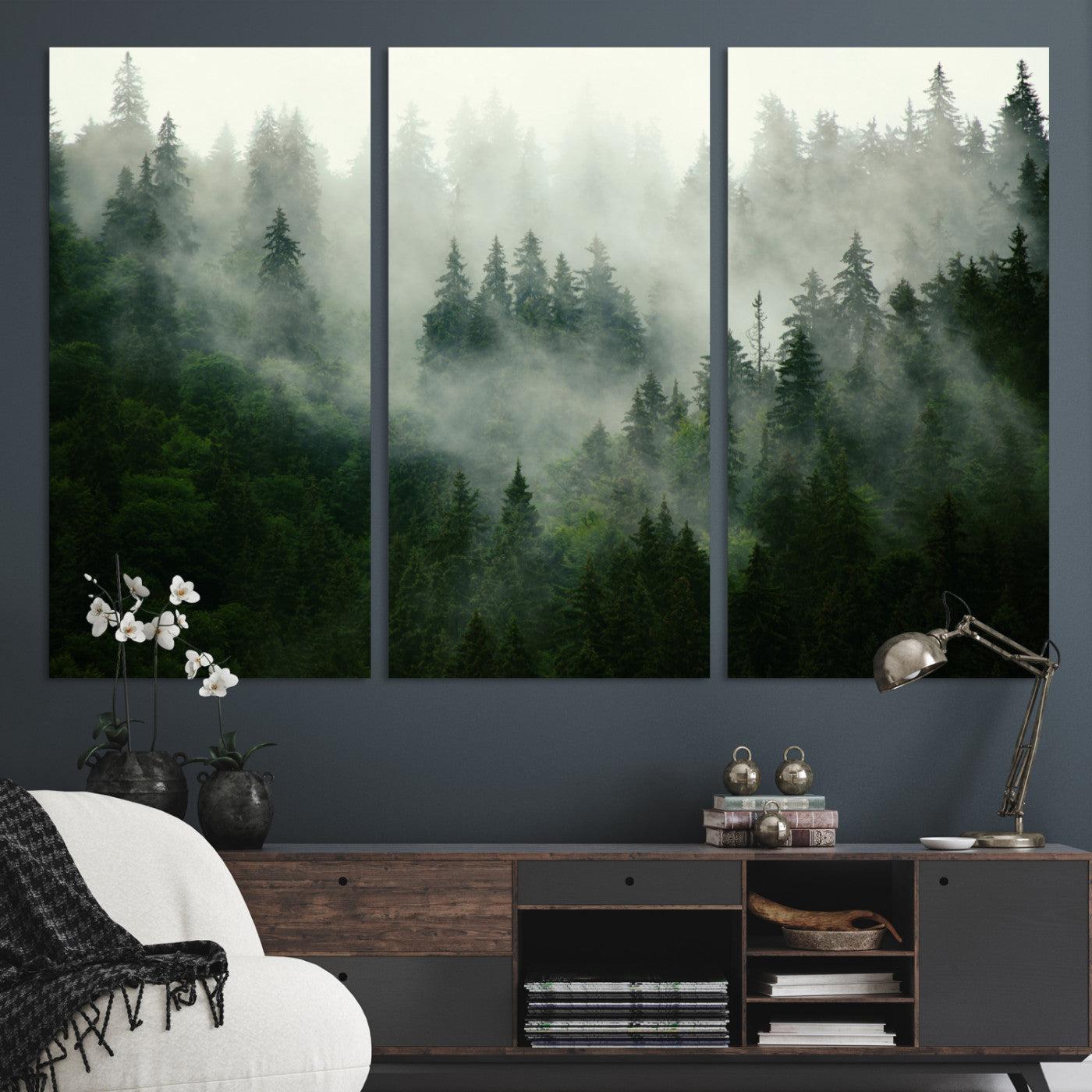 167720496-MGV-CV-36X24-Misty Forest Mountain Wall Art Canvas | Large 3-Panel Foggy Landscape Canvas Print | Nature Misty Forest Canvas Art Wall Art for Home