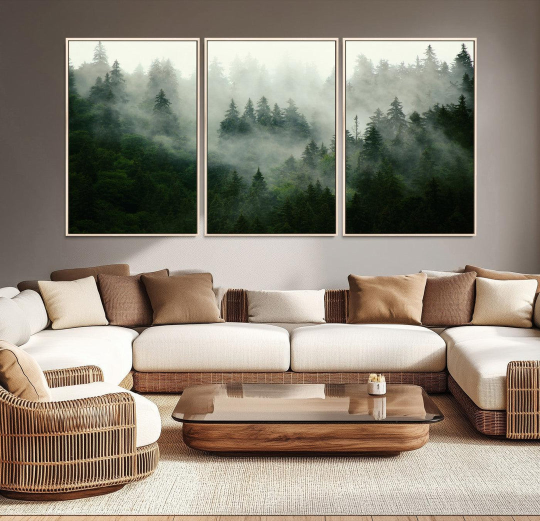 167720496-MGV-CV-36X24-Misty Forest Mountain Wall Art Canvas | Large 3-Panel Foggy Landscape Canvas Print | Nature Misty Forest Canvas Art Wall Art for Home
